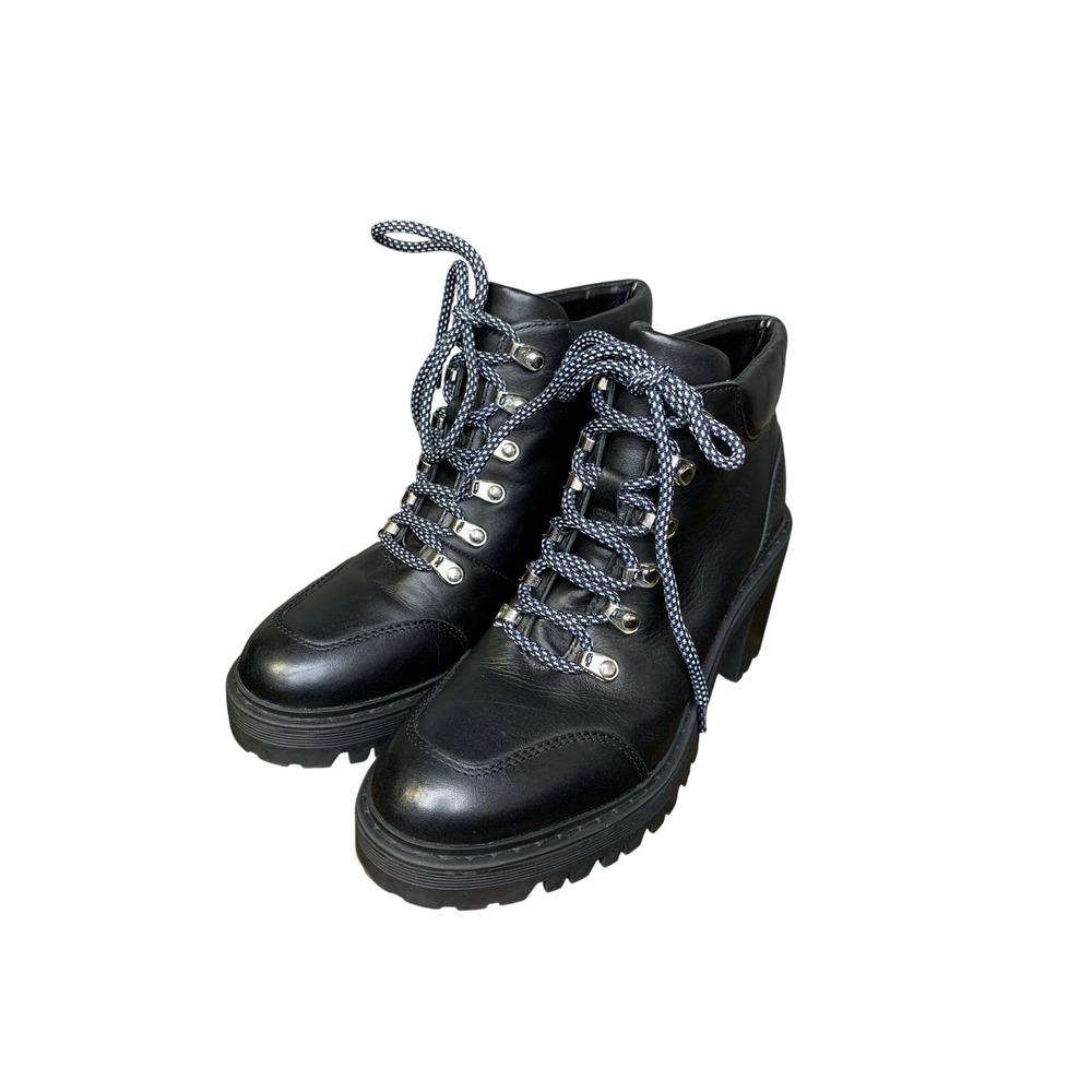 Marc Fisher Waldo Black Leather Lug Sole Lace Up Heeled Combat Ankle Boot Size 7